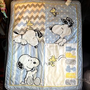 Peanuts Snoopy Woodstock Quilt Adorable Cute Reversible Baby Blanket Blue/White